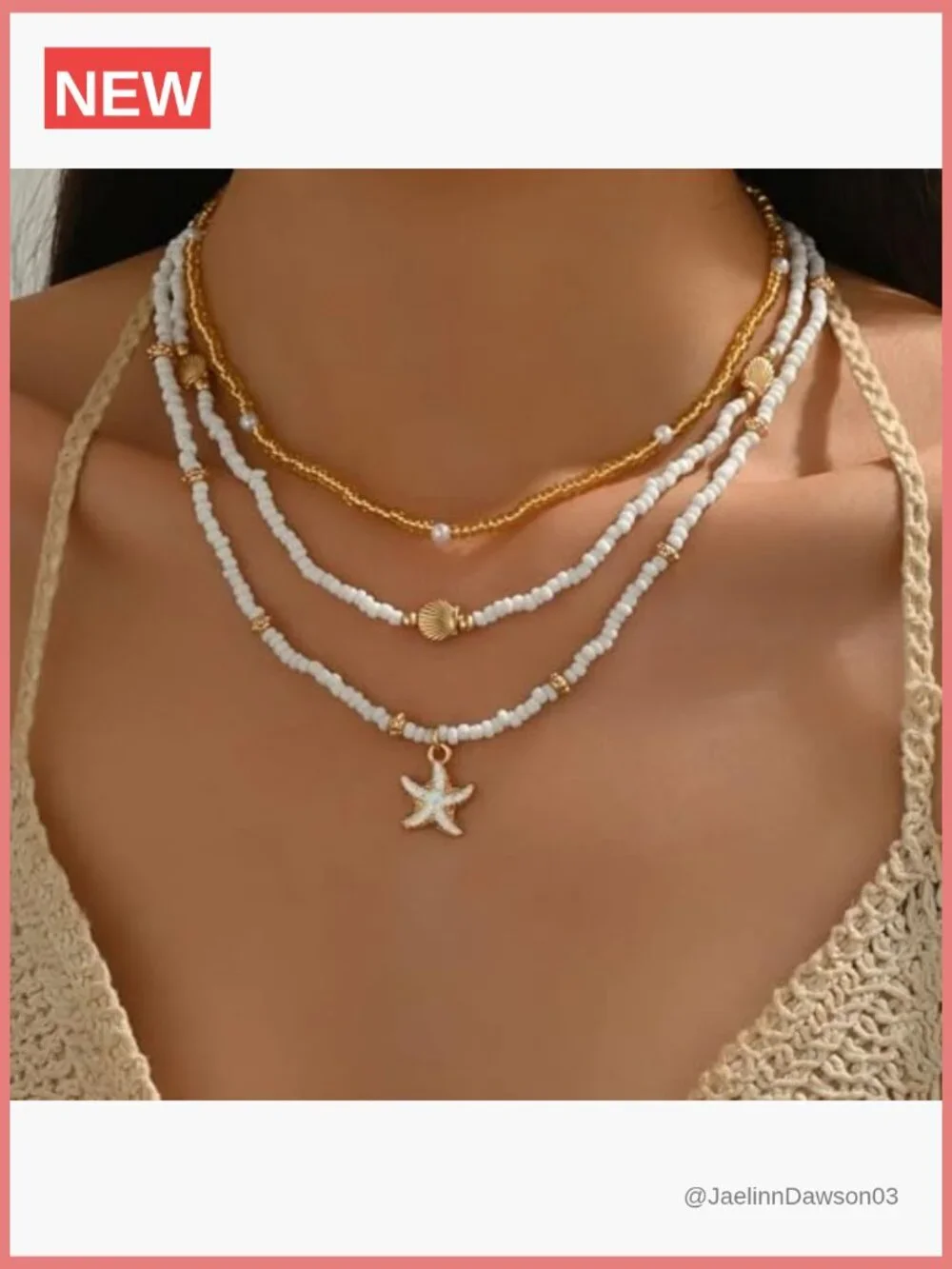 Shell Starfish Boho Layered Beaded Pearl Pendant Necklace 3-Piece Set